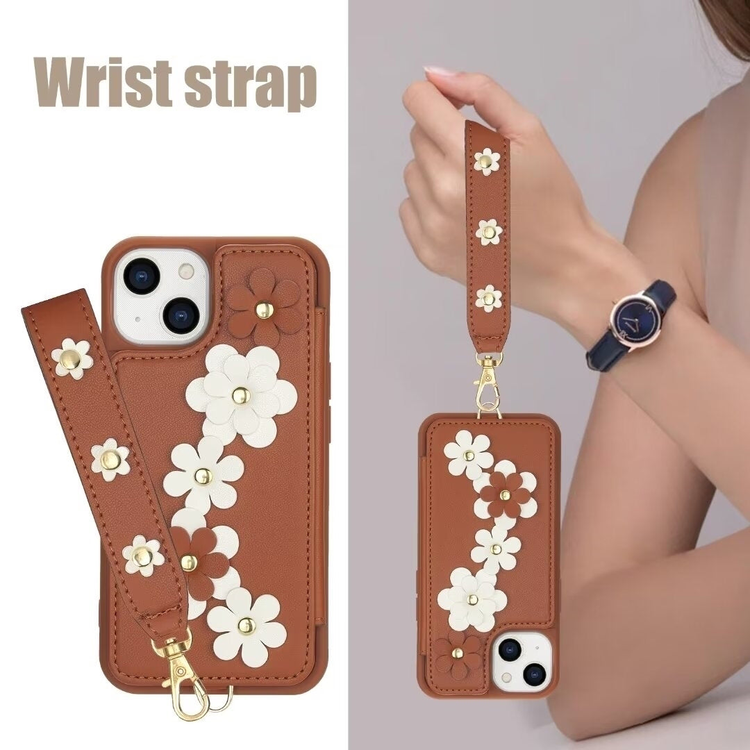 Luxury Crossbody Wallet Leather iPhone Case – 3D Flower Design, Card Slot, Wrist Strap, Magnetic Closure, Protective Cover