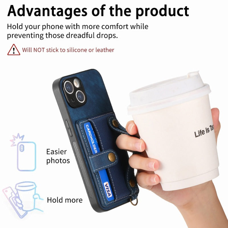 Luxury PU Leather Wallet iPhone Case with Wrist Strap – Stand Function, Card Holder, Protection for Secure and Convenience