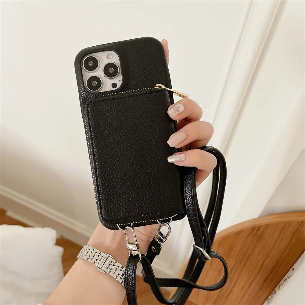 Luxury Zipper Wallet Crossbody iPhone Case – Leather Cover with , Shoulder Lanyard, and Full Protection for iPhone Models