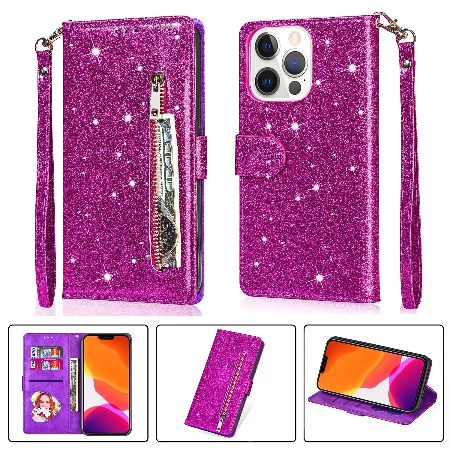 Luxury Apple iPhone Case, MagSafe Compatible, Camera Lens and Screen Protection, Ultra Thin, Shockproof, Magnetic, Full All Around Protection, Glitter Zipper Wallet Cover