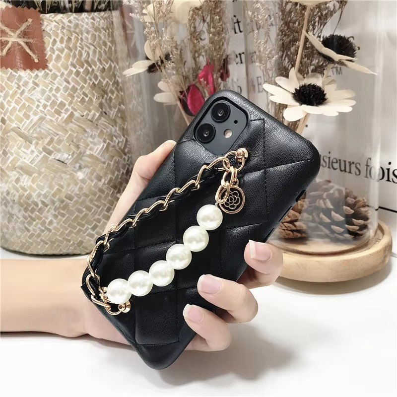 Luxury Apple iPhone Case, MagSafe Compatible, Camera Lens & Screen Protection, Ultra Thin, Shockproof, Magnetic Full All Around Cover – Pearl Metal Hand Chain Case with Lattice Lambskin Pattern for Women