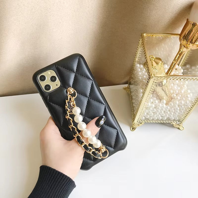 Luxury Apple iPhone Case, MagSafe Compatible, Camera Lens & Screen Protection, Ultra Thin, Shockproof, Magnetic Full All Around Cover – Pearl Metal Hand Chain Case with Lattice Lambskin Pattern for Women