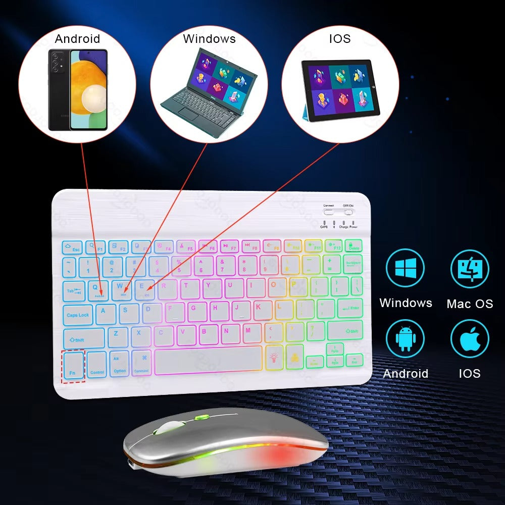 Premium 10-Inch Backlit Bluetooth Keyboard and Mouse Multi-Device Combo for iPad, Android, Windows, and iOS Tablets