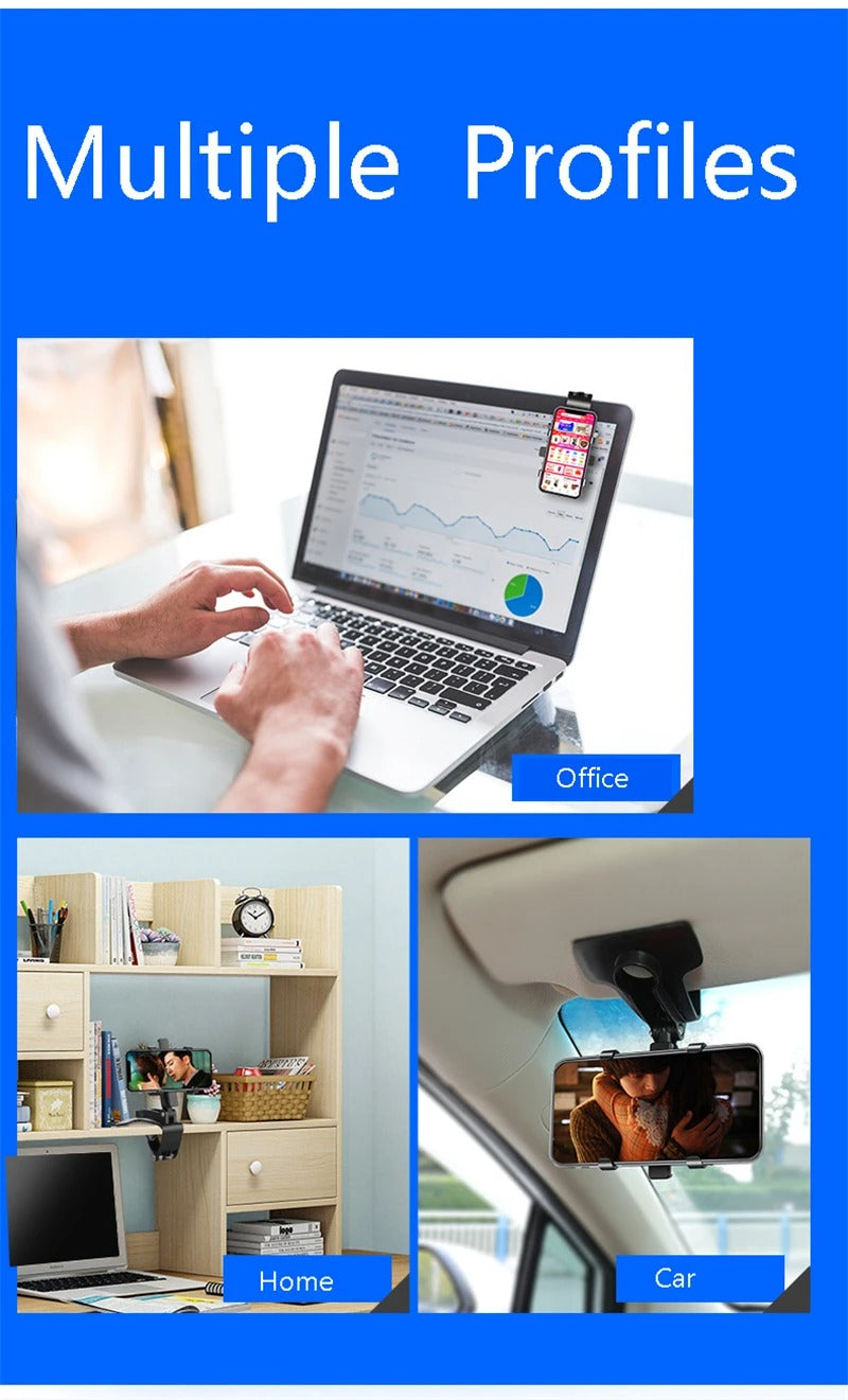 Universal Car Phone Holder Mount – 3-in-1 Clip for Dashboard, Rearview Mirror, Sun Visor | Adjustable 3–7.2" Support, Anti-Slip, 360° Rotation, ABS Build