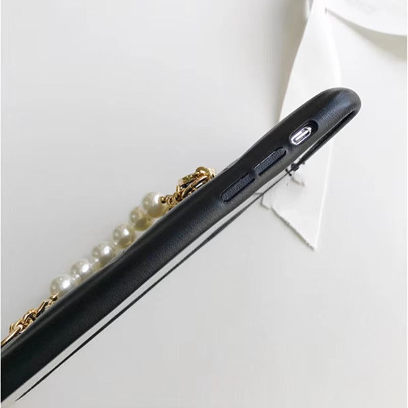 Luxury Apple iPhone Case, MagSafe Compatible, Camera Lens & Screen Protection, Ultra Thin, Shockproof, Magnetic Full All Around Cover – Pearl Metal Hand Chain Case with Lattice Lambskin Pattern for Women