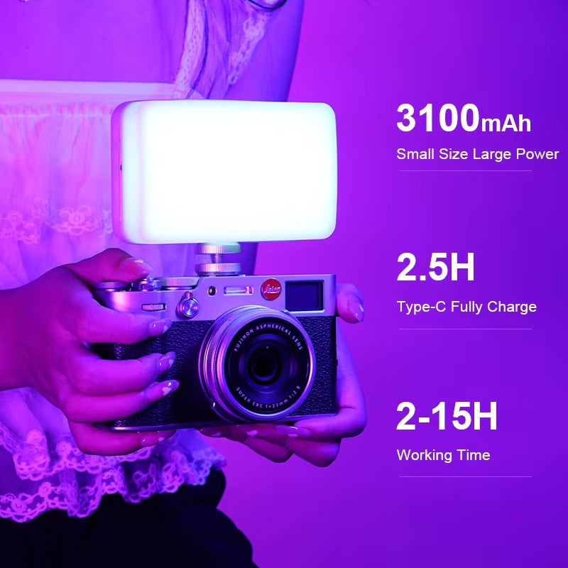 High Quality RGB LED Video Light Panel for Camera & Phone – 2500-9000K Bi-Color, CRI 95+, Diffuser, 3100mAh Battery, 360° Mount, 120 Lamp Beads