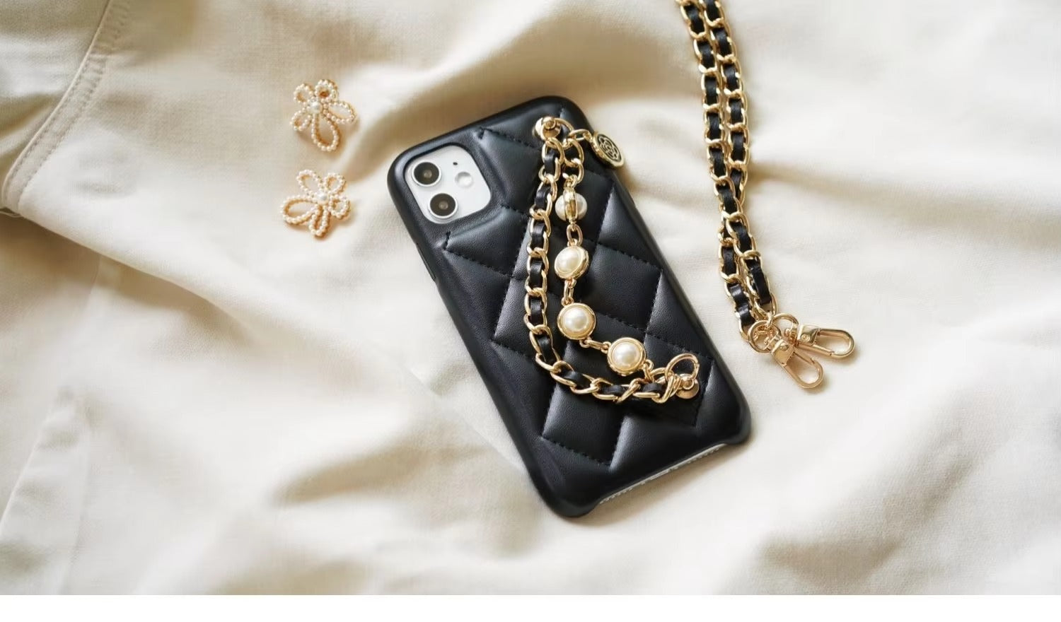 High Quality Apple iPhone Case, MagSafe Compatible, Camera Lens & Screen Protection, Ultra Thin, Shockproof, Magnetic Full All Around Cover – Lambskin Leather Handbag Case with Flower Pearl Strap & Long Metal Chain