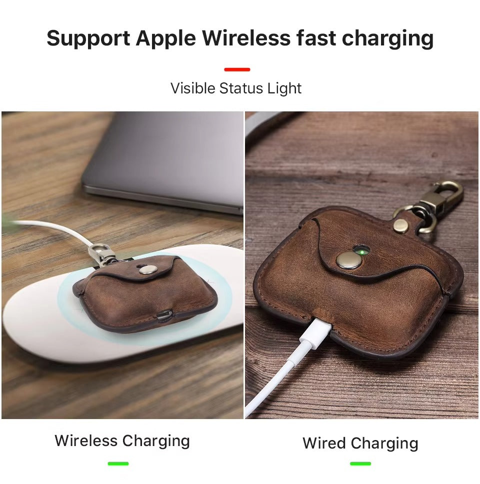 Luxury Genuine Leather Case for AirPods Pro, 2, 1 – Wireless Earphone Protective Cover, Elegant Funda with Keychain Hook, Shockproof and Stylish Design