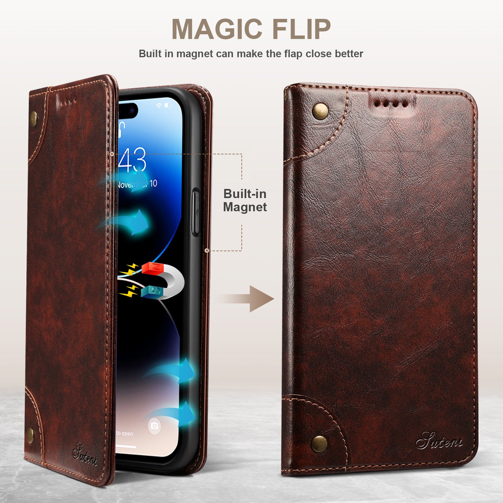 Retro Leather Wallet iPhone Case – Magnetic Closure, Card Slots, Shockproof Protection Durable PU Leather Cover for iPhone