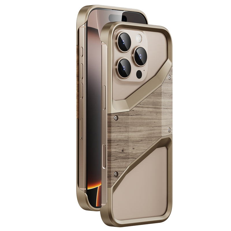 Irregular Metal Frame iPhone Case – Aluminum Alloy and Solid Wood Shockproof Frameless Cover for iPhone Models Design