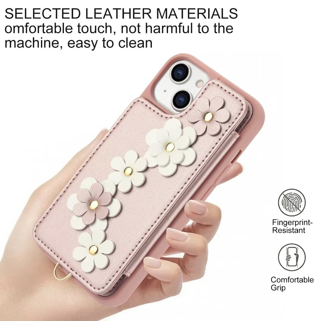 Luxury Crossbody Wallet Leather iPhone Case – 3D Flower Design, Card Slot, Wrist Strap, Magnetic Closure, Protective Cover
