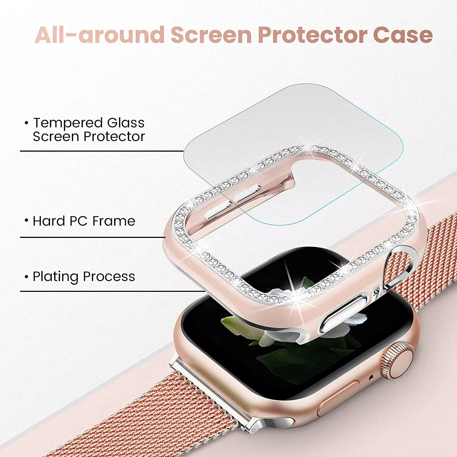 Luxury, Bling Diamond Case with Glass Screen Protector for Apple Watch – for 38mm, 40mm, 41mm, 42mm, 44mm, 45mm