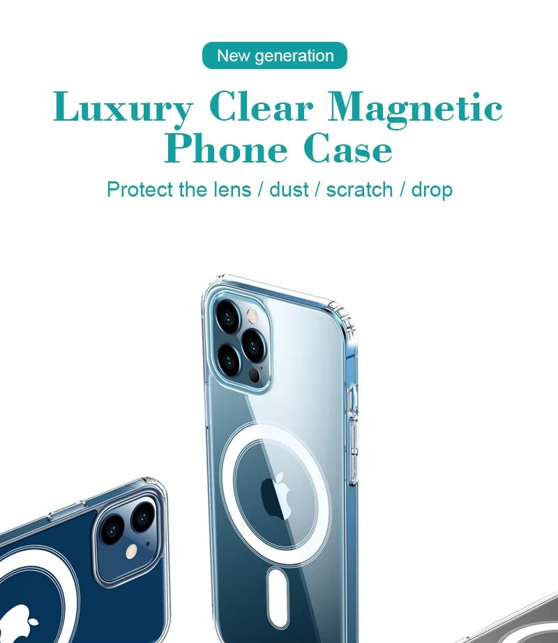 Premium Apple iPhone Case, MagSafe Compatible, Camera Lens & Screen Protection, Ultra Thin, Shockproof, Magnetic Full All Around Cover – Hard Crystal Clear Magnetic Case with Wireless Charging Support