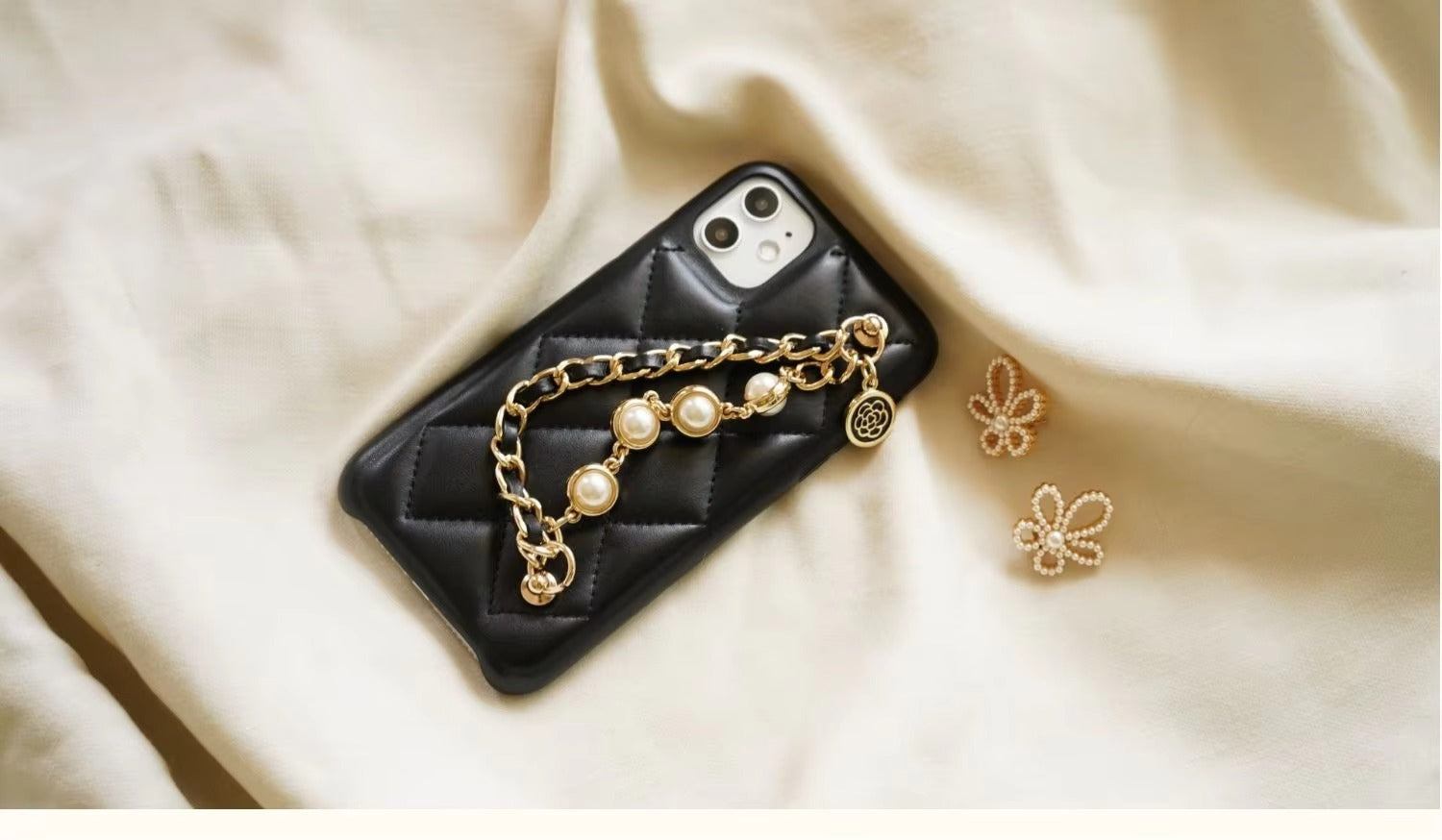 High Quality Apple iPhone Case, MagSafe Compatible, Camera Lens & Screen Protection, Ultra Thin, Shockproof, Magnetic Full All Around Cover – Lambskin Leather Handbag Case with Flower Pearl Strap & Long Metal Chain