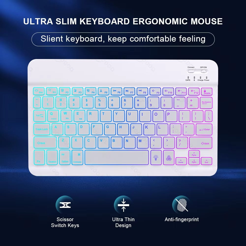 Premium 10-Inch Backlit Bluetooth Keyboard and Mouse Multi-Device Combo for iPad, Android, Windows, and iOS Tablets