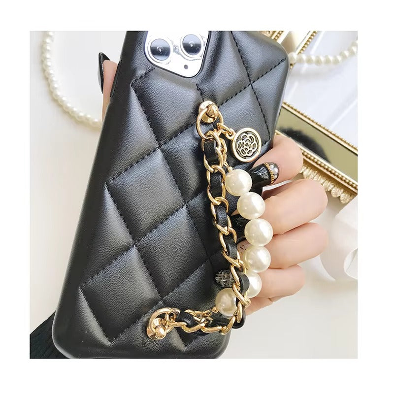 Luxury Apple iPhone Case, MagSafe Compatible, Camera Lens & Screen Protection, Ultra Thin, Shockproof, Magnetic Full All Around Cover – Pearl Metal Hand Chain Case with Lattice Lambskin Pattern for Women