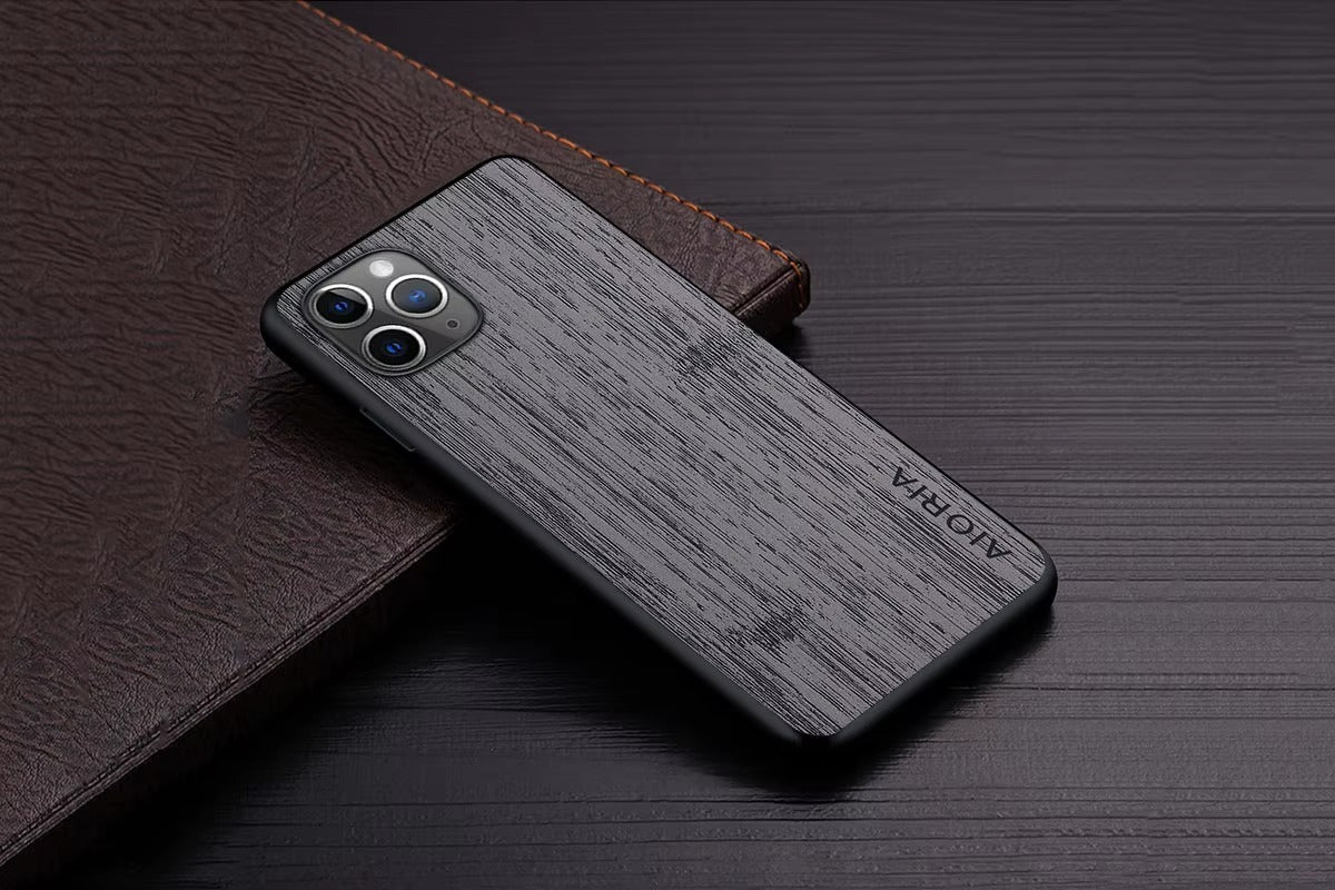 Premium Wood Grain iPhone Case MagSafe Compatible Ultra Thin Magnetic with Smooth Brown Texture and Metallic Frame Design