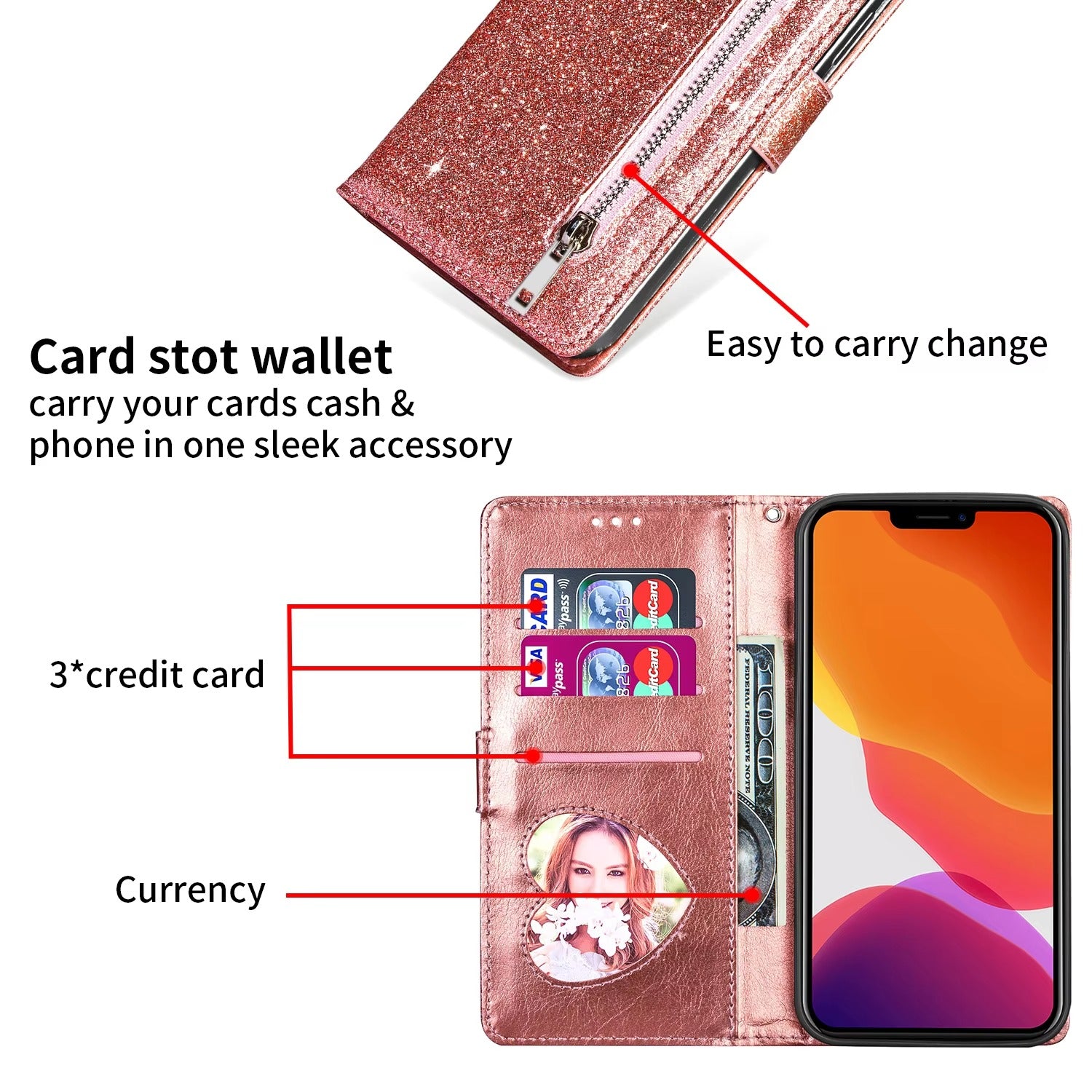 Luxury Apple iPhone Case, MagSafe Compatible, Camera Lens and Screen Protection, Ultra Thin, Shockproof, Magnetic, Full All Around Protection, Glitter Zipper Wallet Cover