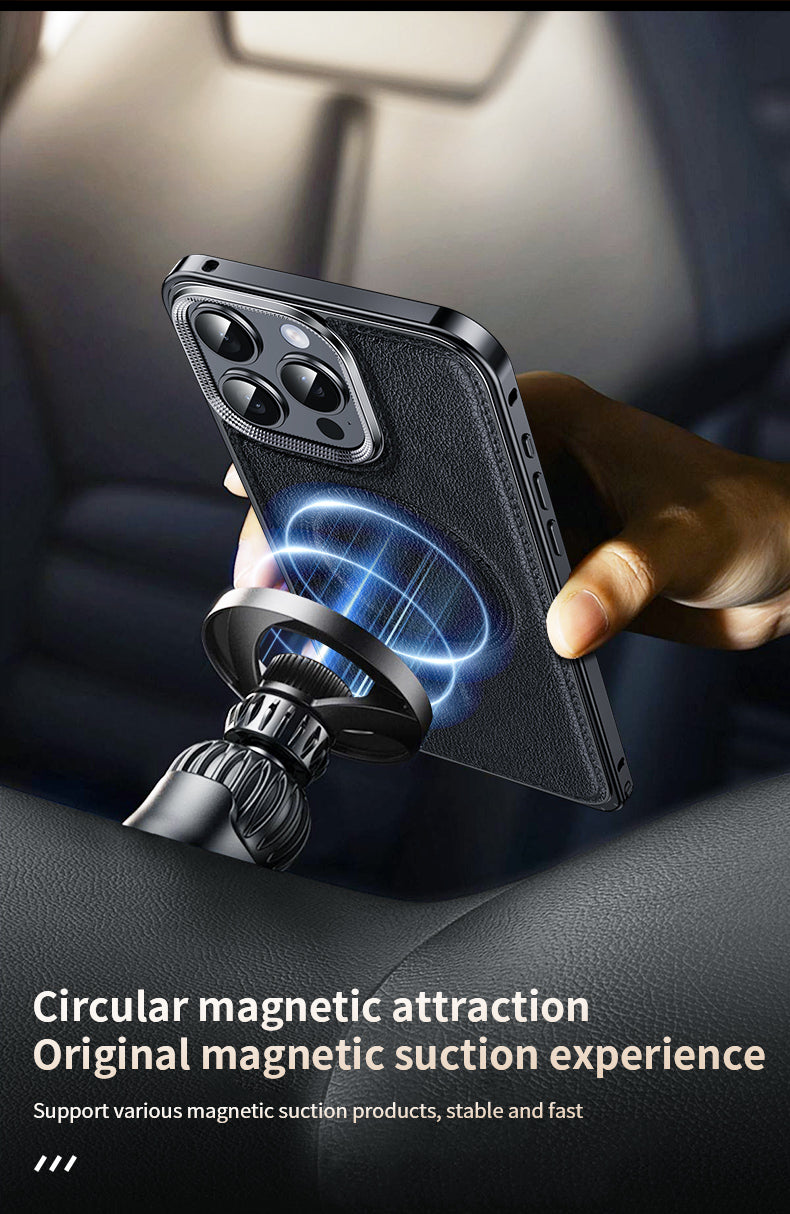 Luxury Leather MagSafe Phone Case Aluminum Alloy Frame with Leather Backplate Shockproof and Stylish Design for iPhone Models