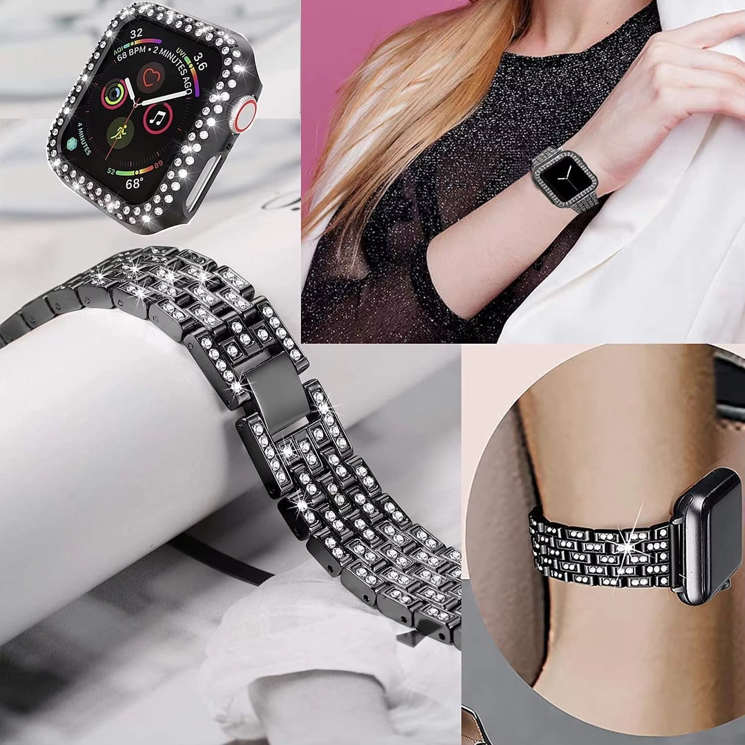 Luxury Glitter Metal Watch Band with Diamond Case – Sparkling Adjustable Strap and Protective Cover for 40mm to 49mm