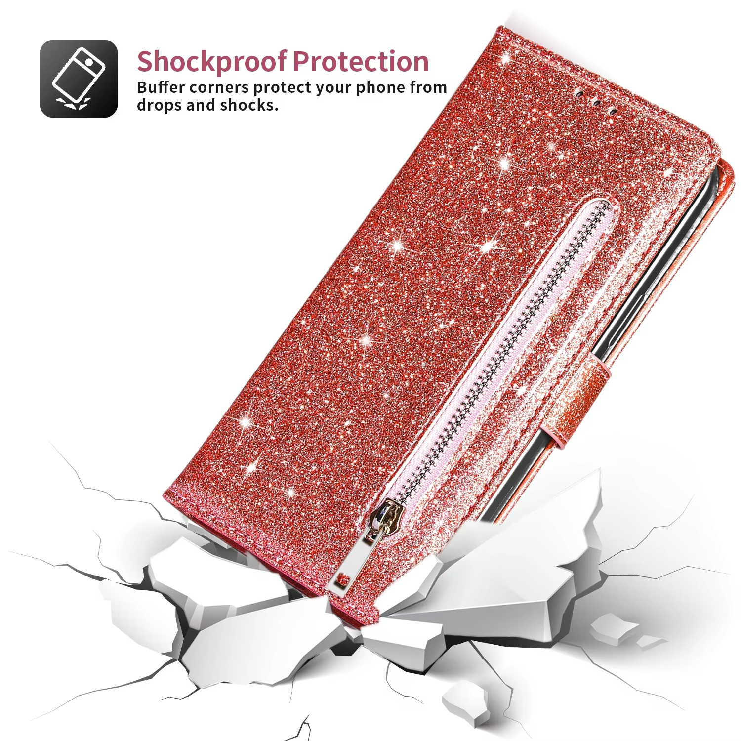 Luxury Apple iPhone Case, MagSafe Compatible, Camera Lens and Screen Protection, Ultra Thin, Shockproof, Magnetic, Full All Around Protection, Glitter Zipper Wallet Cover