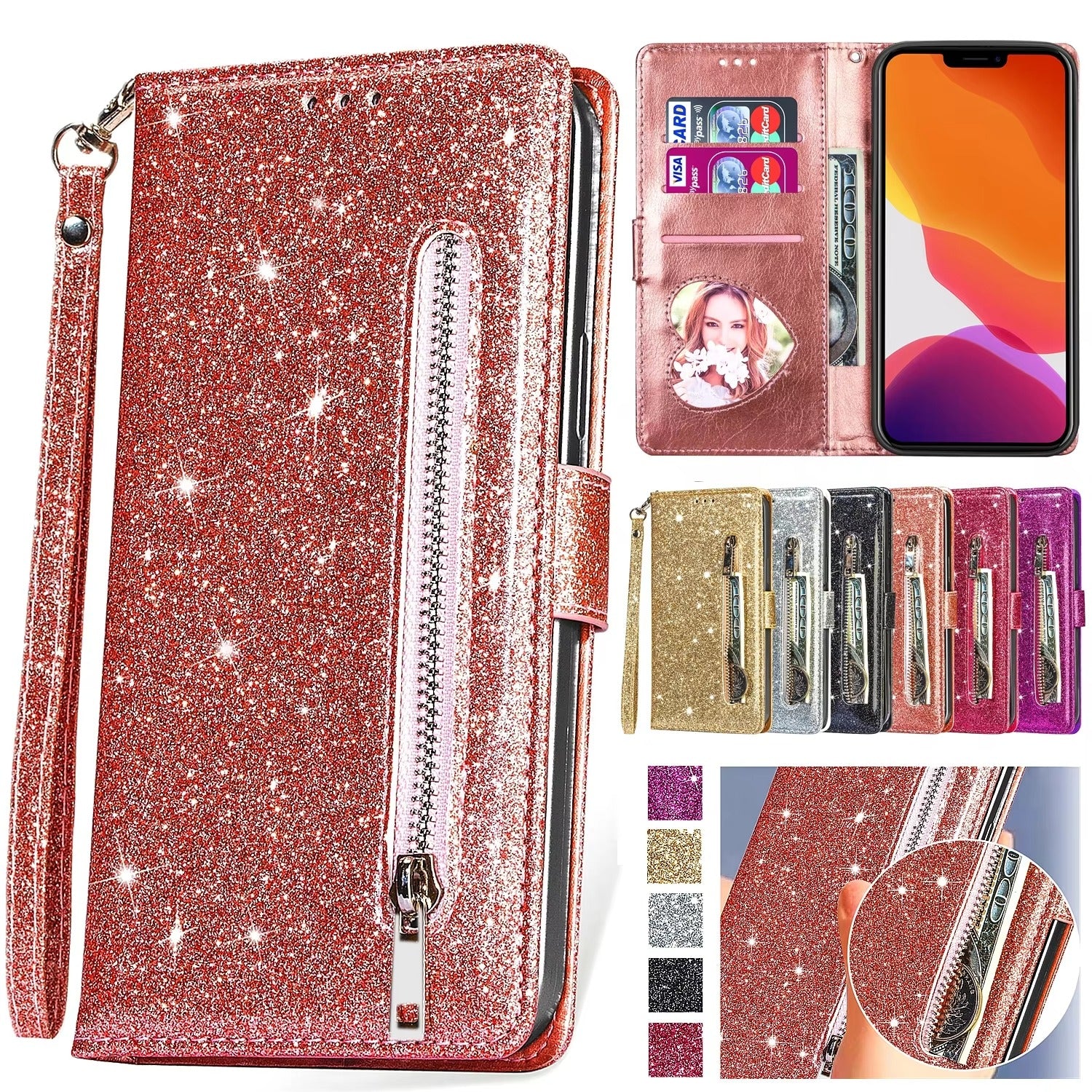 Luxury Apple iPhone Case, MagSafe Compatible, Camera Lens and Screen Protection, Ultra Thin, Shockproof, Magnetic, Full All Around Protection, Glitter Zipper Wallet Cover