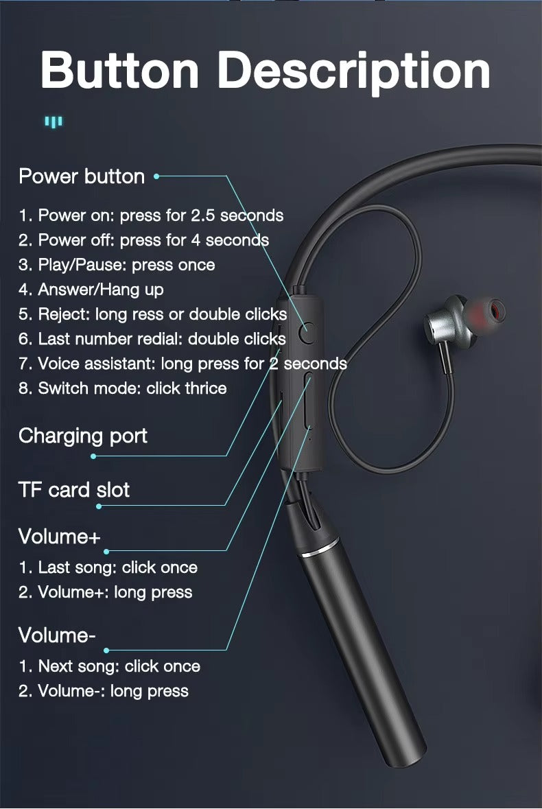 High Quality Wireless Neckband Earphones for iPhone – Bluetooth Sport Headset with Mic,180-Hour Battery, TF Card Support