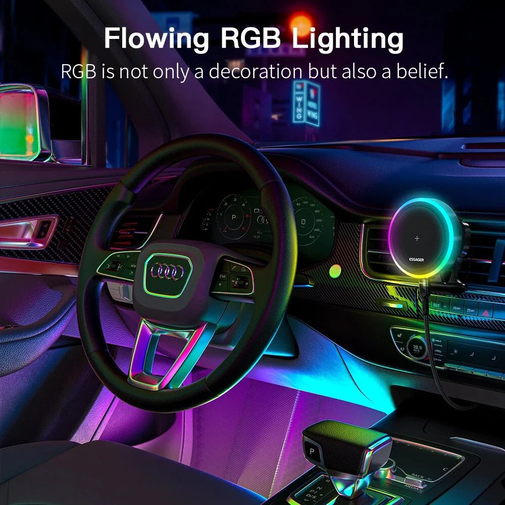 Premium, RGB, Magnetic Car Phone Holder, with 15W Qi Wireless Charging, Dashboard or Vent Mount, Fast Charger Stand for iPhone