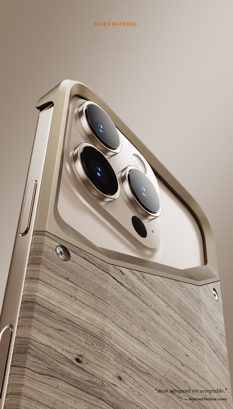 Irregular Metal Frame iPhone Case – Aluminum Alloy and Solid Wood Shockproof Frameless Cover for iPhone Models Design