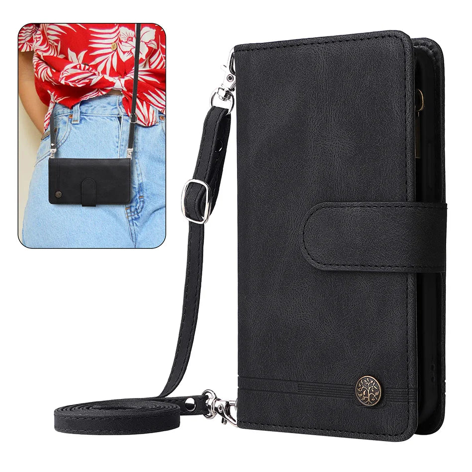 Premium Retro Flip Leather iPhone Case – Zipper Wallet, Multi-Card Slots, Necklace Lanyard, Magnetic Closure, Shockproof Protection for iPhone