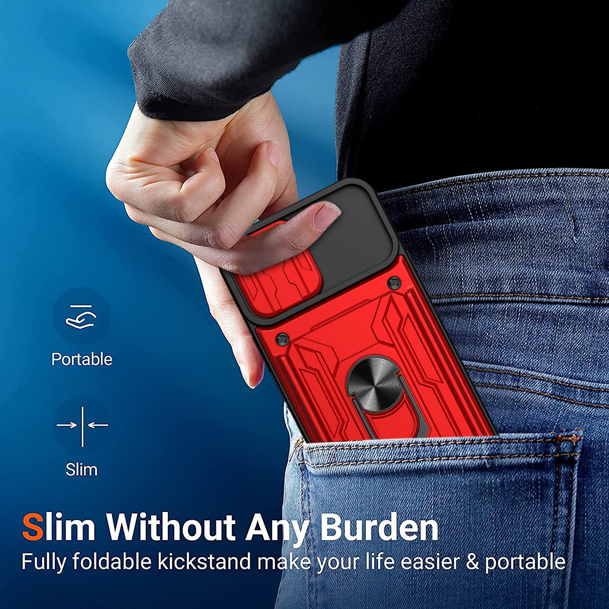 Hidden Slide Card Slot iPhone Case – Lens Protection, Magnetic Ring Stand, Shockproof Cover for iPhone Models
