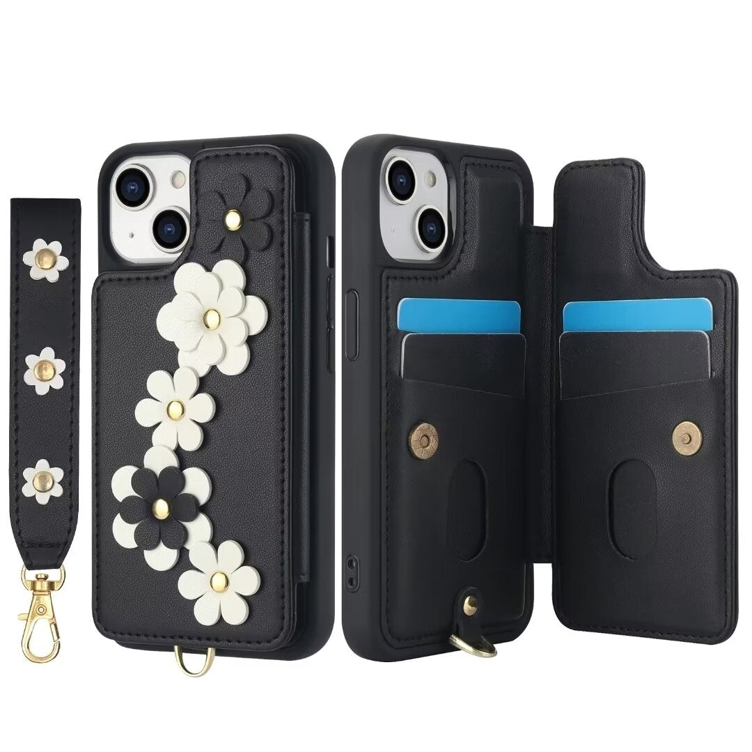 Luxury Crossbody Wallet Leather iPhone Case – 3D Flower Design, Card Slot, Wrist Strap, Magnetic Closure, Protective Cover