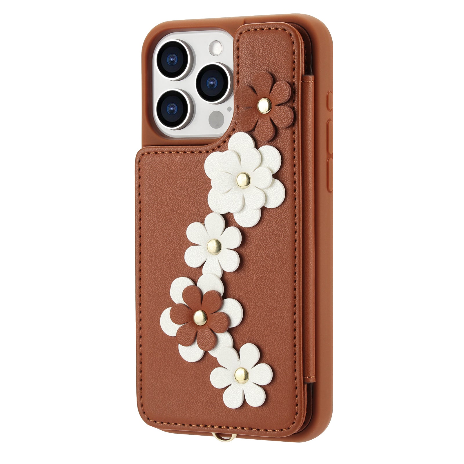 Luxury Crossbody Wallet Leather iPhone Case – 3D Flower Design, Card Slot, Wrist Strap, Magnetic Closure, Protective Cover