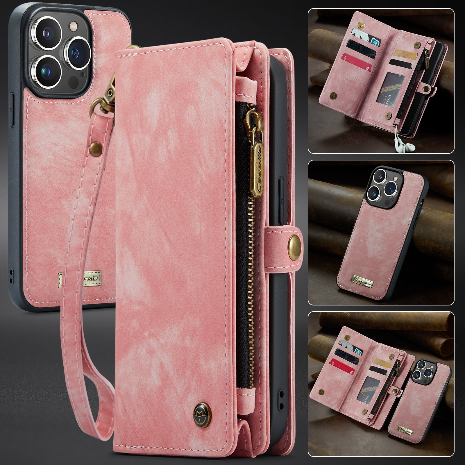 Luxury Detachable Leather Wallet iPhone Case – Multi-Function Zipper Flip Cover, Card Holder, Shockproof Protection, Magnetic Closure for iPhone