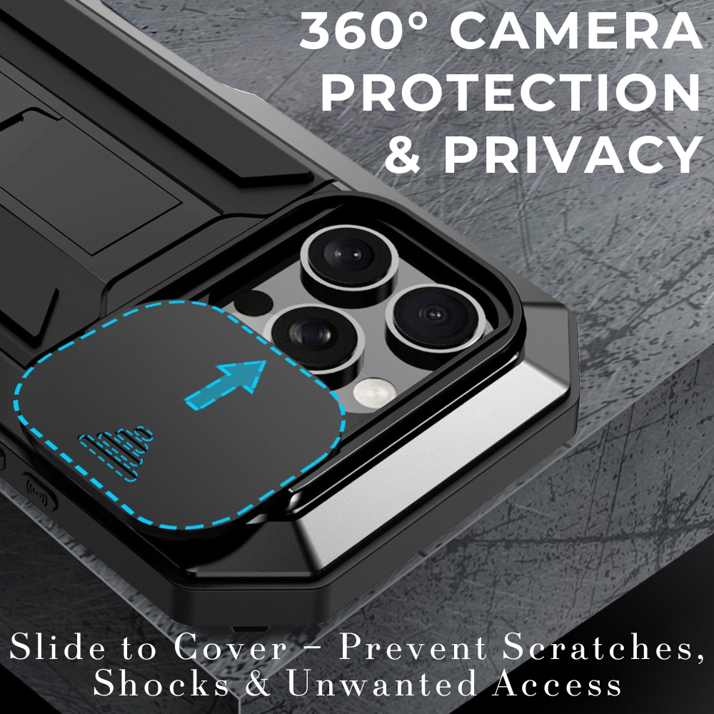 Military Heavy-Duty Metal iPhone Case – Full-Body Hybrid Cover with Slide Camera Protection & Built-in Screen Protector for iPhone Models