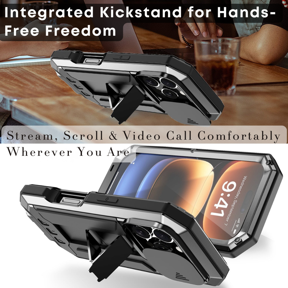 Military Heavy-Duty Metal iPhone Case – Full-Body Hybrid Cover with Slide Camera Protection & Built-in Screen Protector for iPhone Models