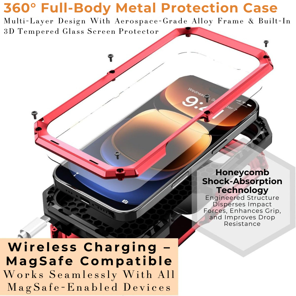 Military Heavy-Duty Metal iPhone Case – Full-Body Hybrid Cover with Slide Camera Protection & Built-in Screen Protector for iPhone Models