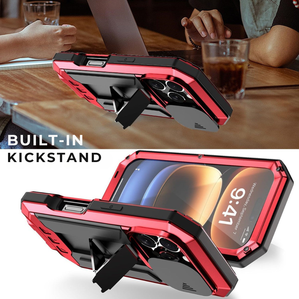 Military Heavy-Duty Metal iPhone Case – Full-Body Hybrid Cover with Slide Camera Protection & Built-in Screen Protector for iPhone Models