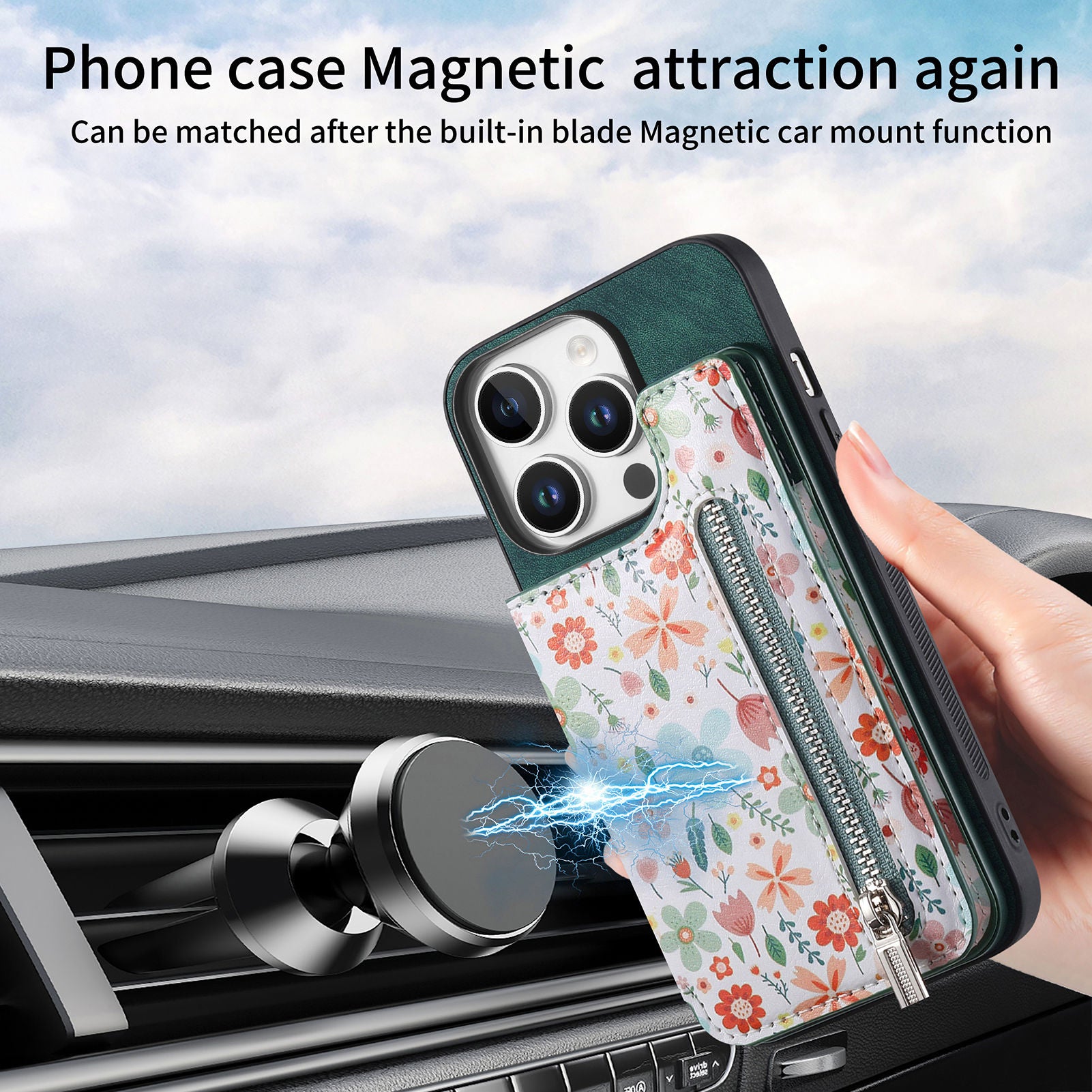 Zipper Card Slot Wallet iPhone Case – Magnetic Closure, Purse Pocket, Floral Design, Shockproof Protective Cover for iPhone