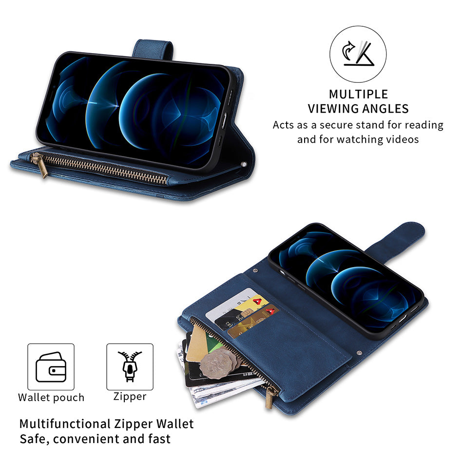 Premium Retro Flip Leather iPhone Case – Zipper Wallet, Multi-Card Slots, Necklace Lanyard, Magnetic Closure, Shockproof Protection for iPhone