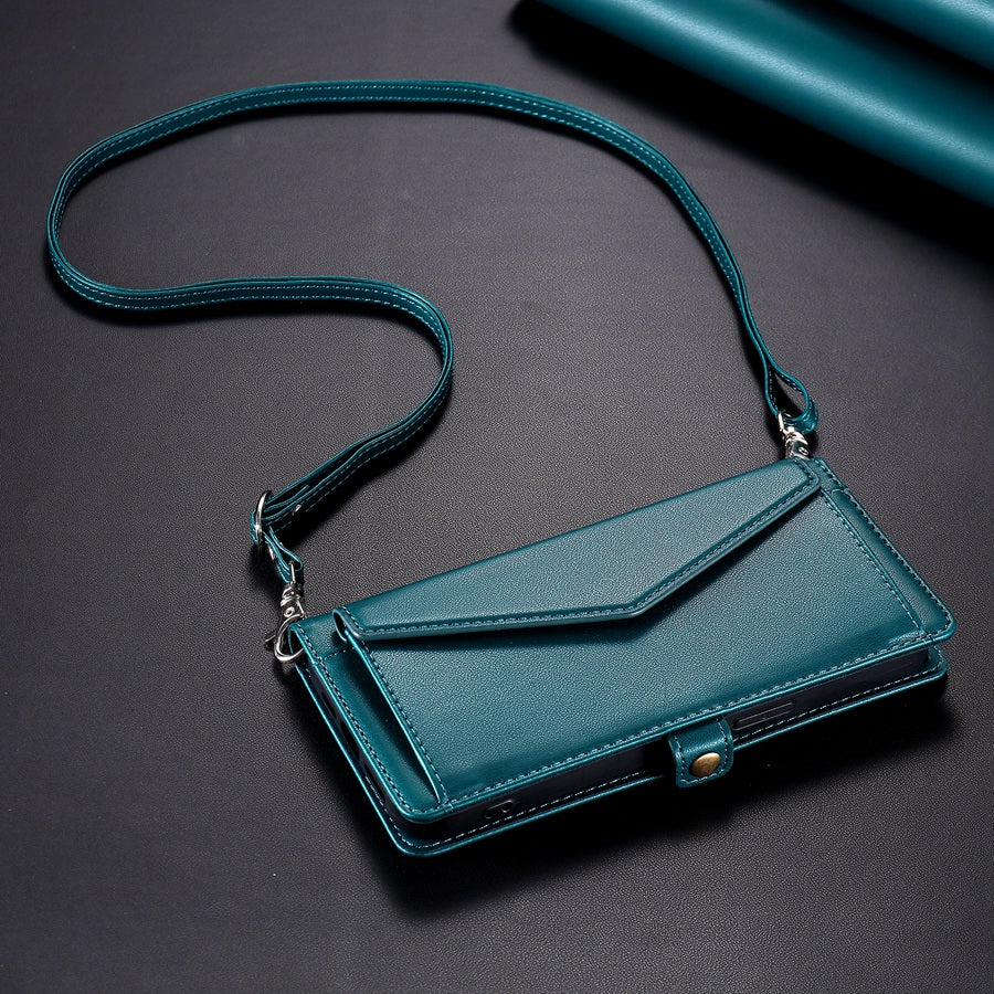 Luxury Dual-Layer Wallet iPhone Case – Flip Leather Cover with Card Slots, Photo Frame, 2 Lanyards, Shockproof Protection, and Stand Feature for iPhone