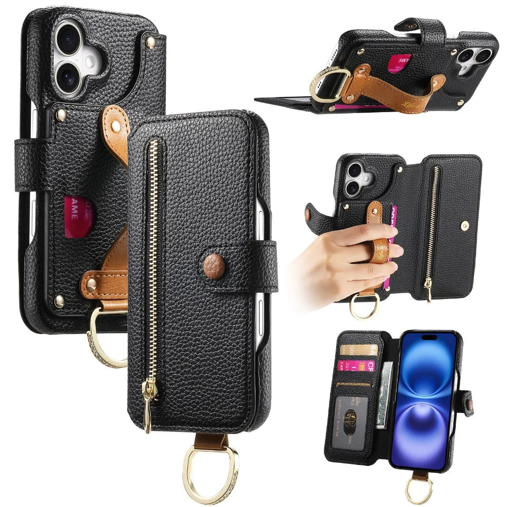 Luxury Wallet Flip iPhone Case – Card Slot Holder, Wrist Strap, Ring Kickstand, Shockproof Cover for iPhone Models