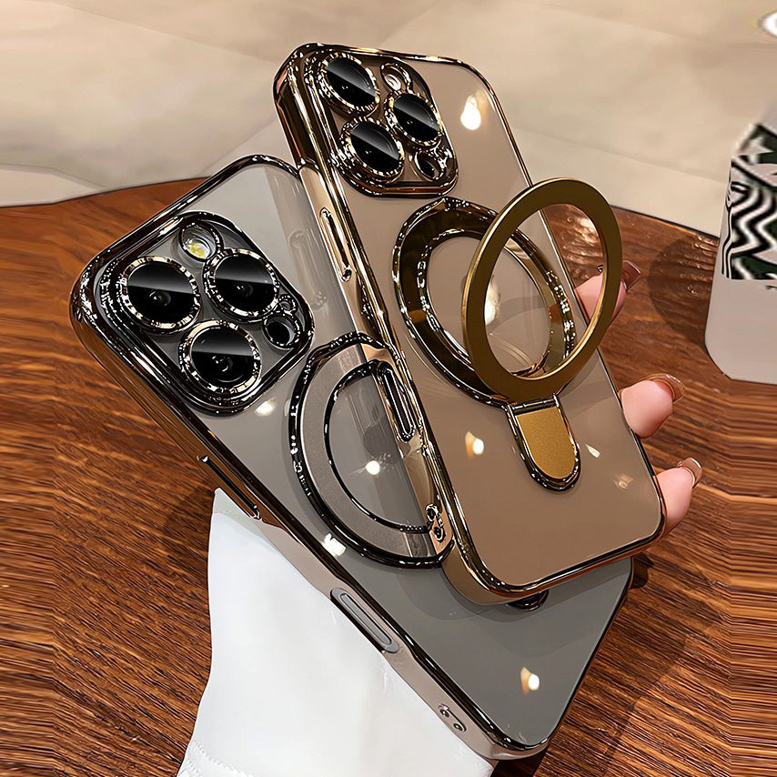 Luxury Plating MagSafe iPhone Case Transparent Acrylic Magnetic Cover with Stand Holder Shockproof PC Bumper Case for iPhone