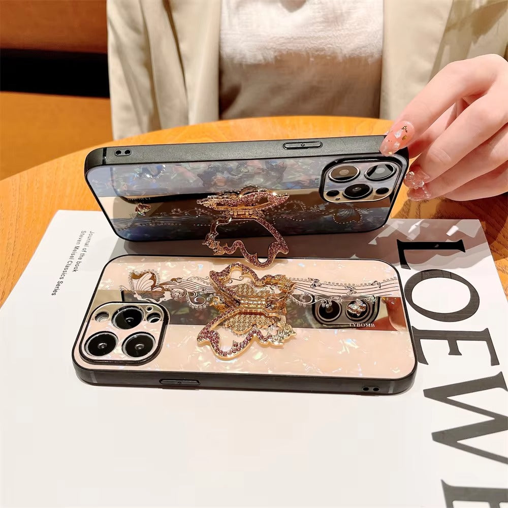 Fashion Apple iPhone Case, MagSafe Compatible, Camera Lens & Screen Protection, Ultra Thin, Shockproof, Magnetic Full All Around Cover – Butterfly Ring Holder Case with Full Shockproof Armor Back for Girls