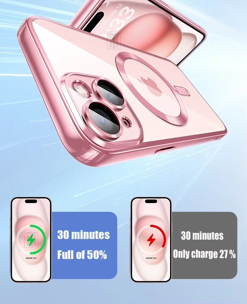 Luxury Apple iPhone Case, MagSafe Compatible, Camera Lens & Screen Protection, Ultra Thin, Shockproof, Magnetic Full All Around Cover – Plating Transparent Silicone TPU Case with Magnetic Back & Lens Film Protection