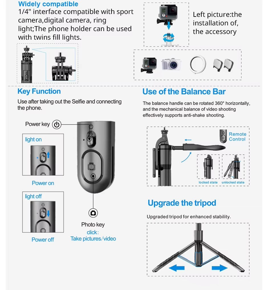 High Quality, Wireless Selfie Stick Tripod – Foldable, Steady Monopod Stand for Apple iPhone, Action Cameras, Live Shooting.