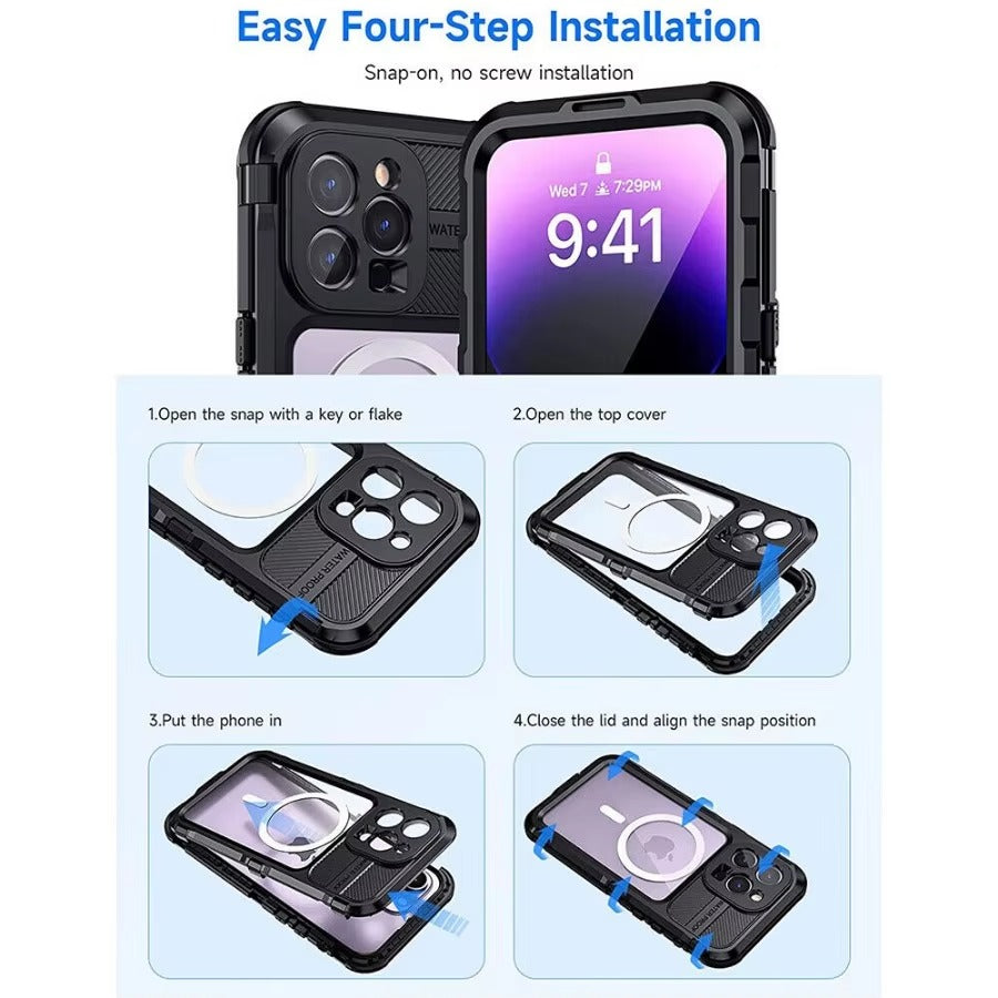 Robust Apple iPhone Case MagSafe Compatible, Camera Lens & Screen Protection, Ultra Thin Shockproof Magnetic Full All Around Protection Cover with IP68 Metal Military Design