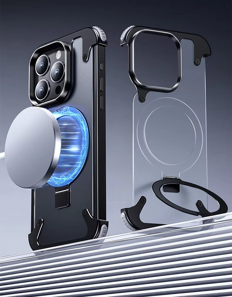 Luxury Edgeless Apple iPhone Case, MagSafe Compatible, Ultra Thin Magnetic Metal Frame and Aluminum Kickstand