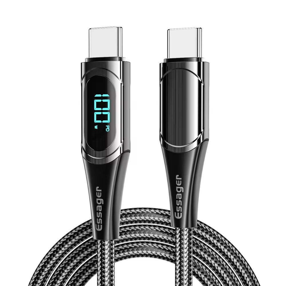 High Power 100W USB-C to USB-C Cable – Fast Charging 5A PD Charger Cord with LED Display, 480Mbps Data Transfer, 1m/2m Nylon Braided Wire for Laptop & Phone