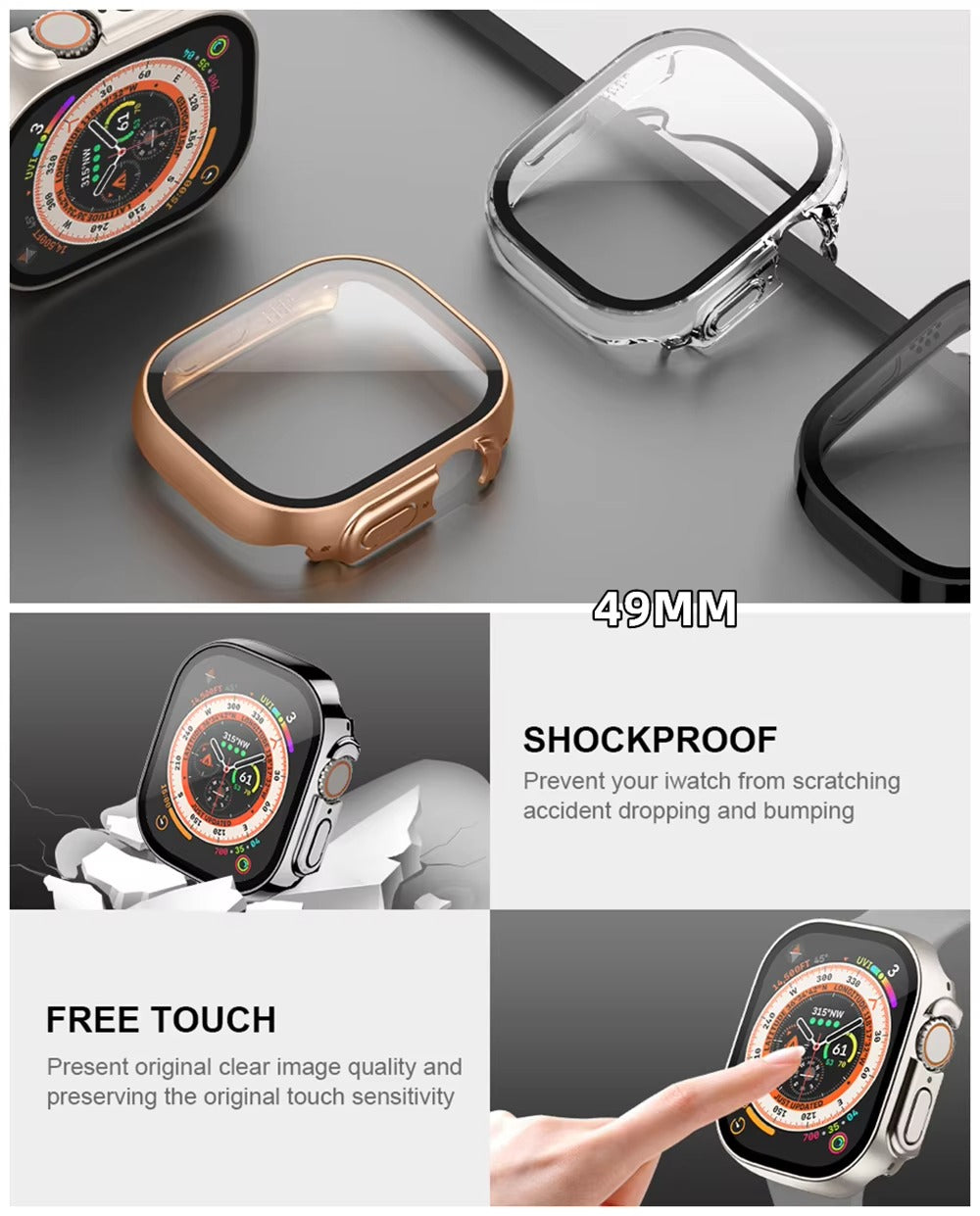 Premium Glass Screen Protector Case – Full Coverage, Straight Edge, Snap-On Protective Cover for 40mm to 49mm Smartwatches